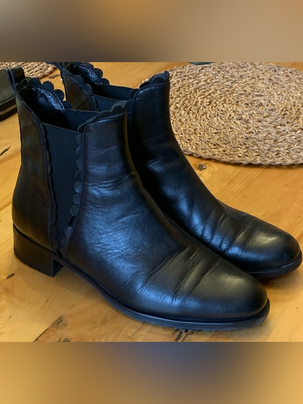 Women’s Black Leather Ankle Booties with Scallop Trim